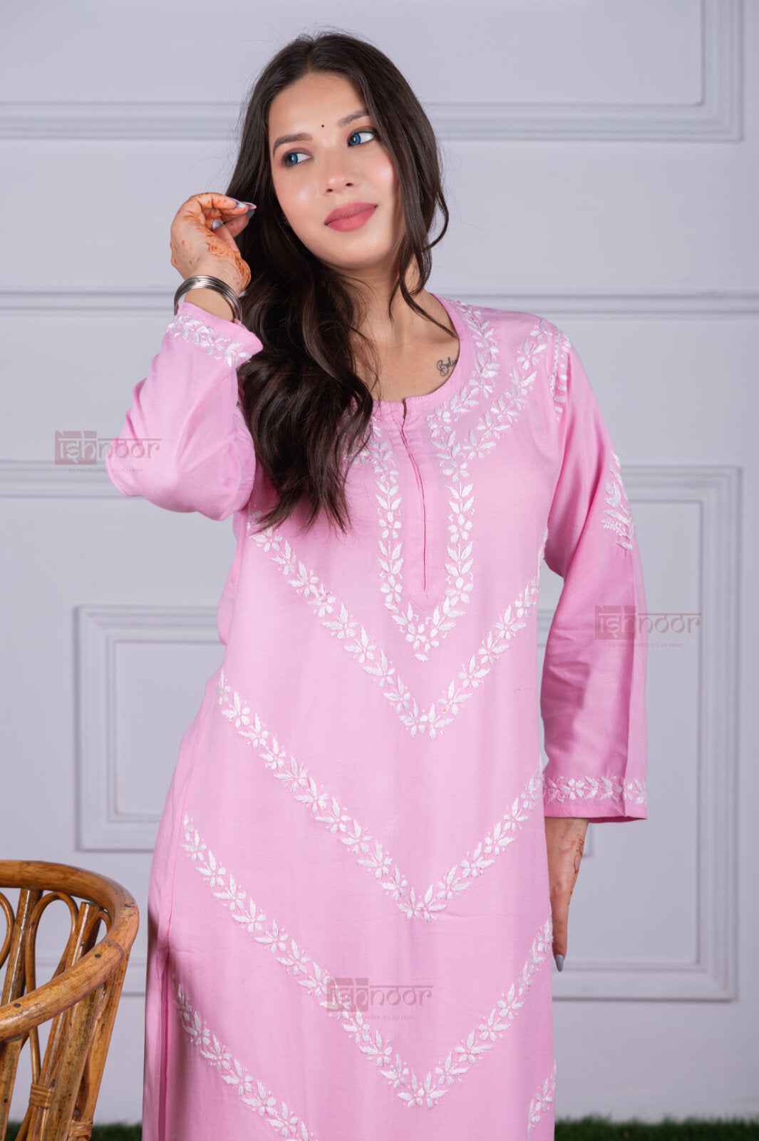 Meher Rayon Straight Long Chikankari Kurti - blush-pink
