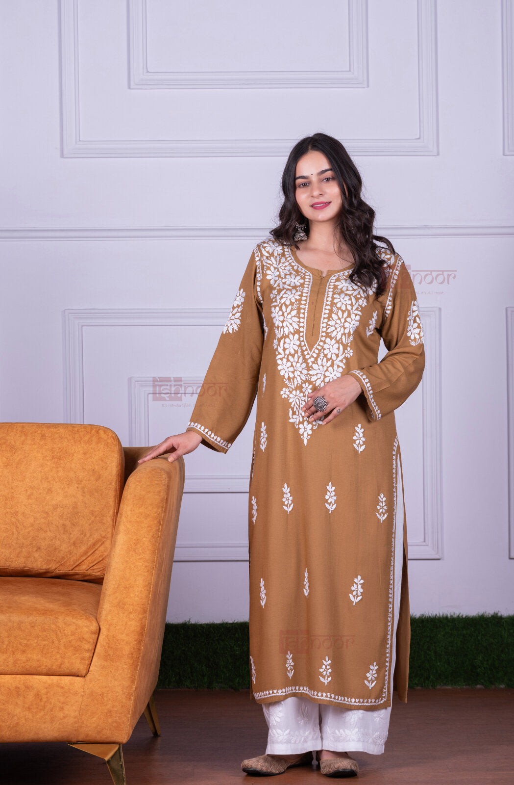 Meher Rayon Long Chikankari Kurti 4 - brown