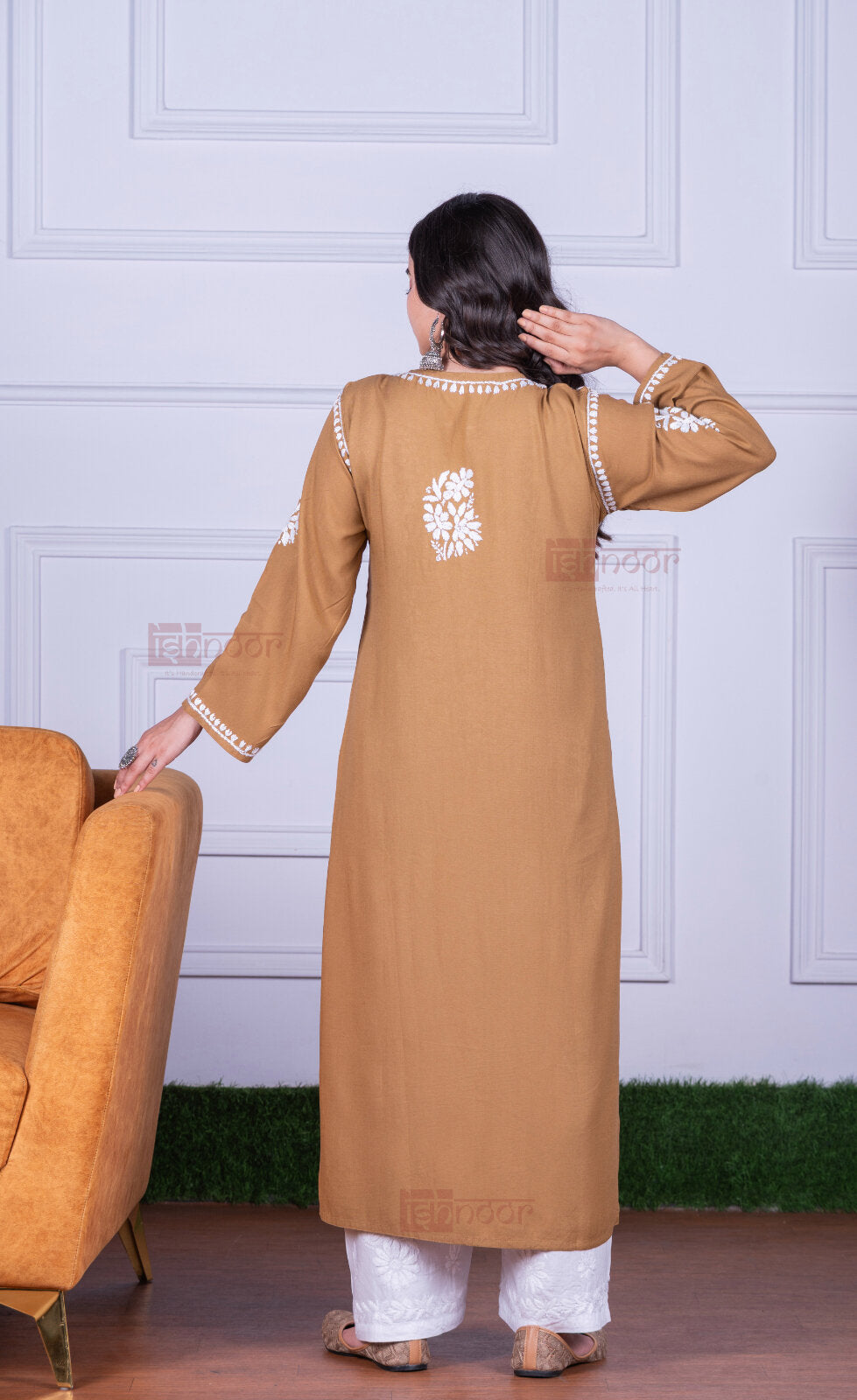 Meher Rayon Long Chikankari Kurti 4 - brown