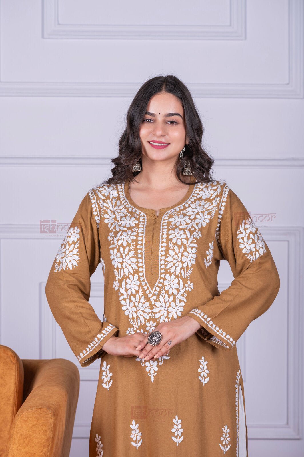 Meher Rayon Long Chikankari Kurti 4 - brown