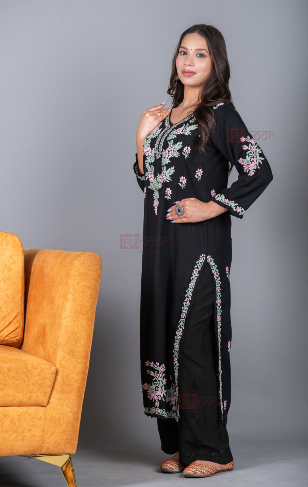 Meher Rayon Long Chikankari Kurti 2 - black