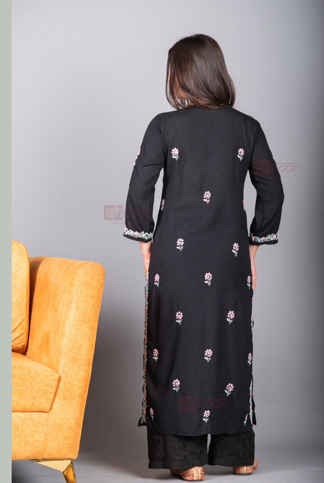 Meher Rayon Long Chikankari Kurti 2 - black