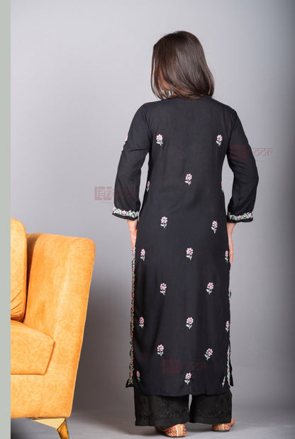 Meher Rayon Long Chikankari Kurti 2 - black