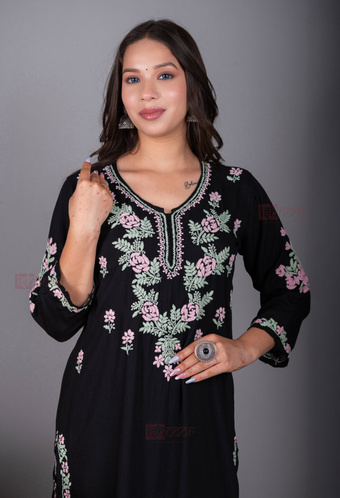 Meher Rayon Long Chikankari Kurti 2 - black