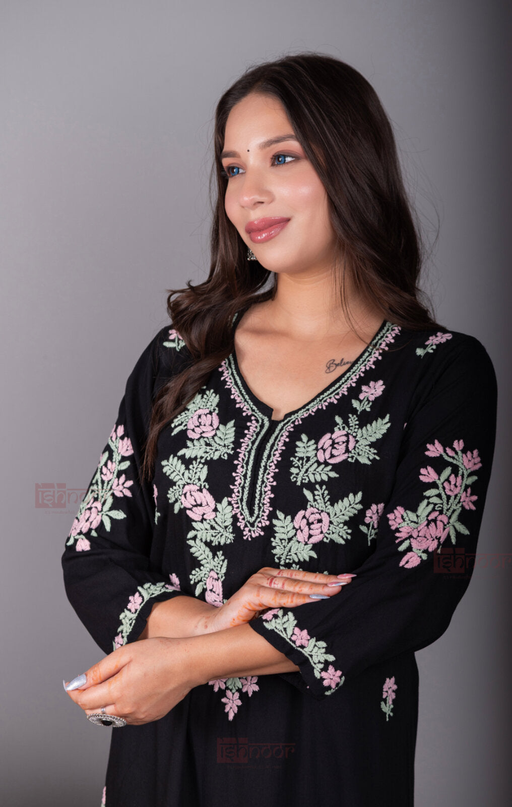 Meher Rayon Long Chikankari Kurti 2 - black