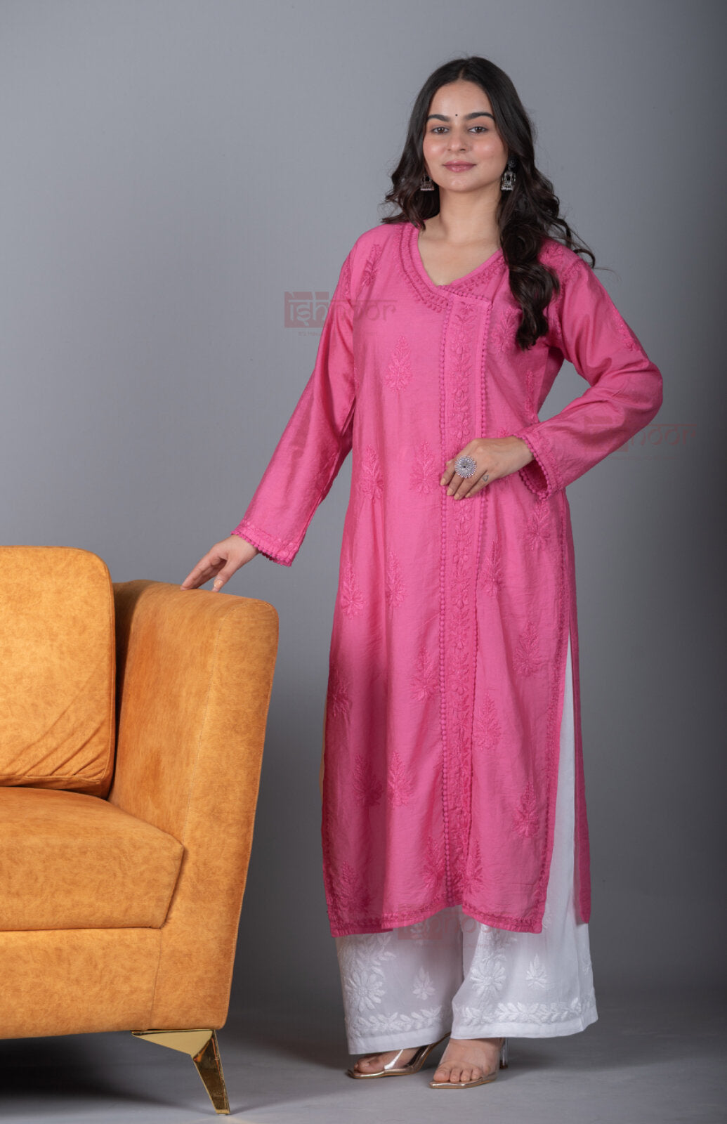 Meher Chanderi Long Chikankari Lace Kurti - blush-pink