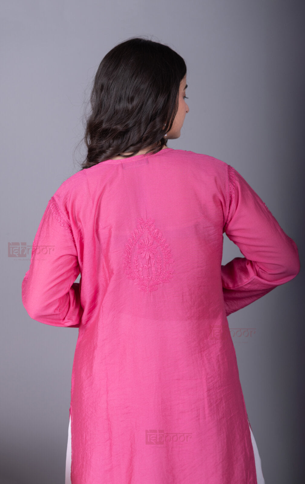 Meher Chanderi Long Chikankari Lace Kurti - blush-pink
