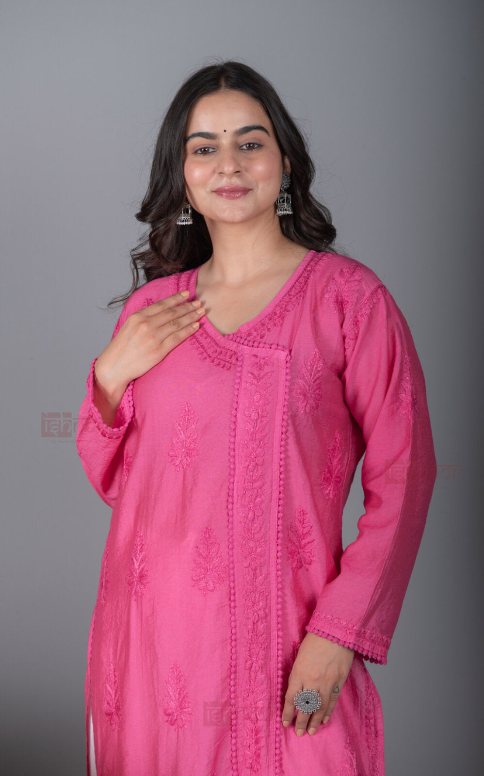 Meher Chanderi Long Chikankari Lace Kurti - blush-pink