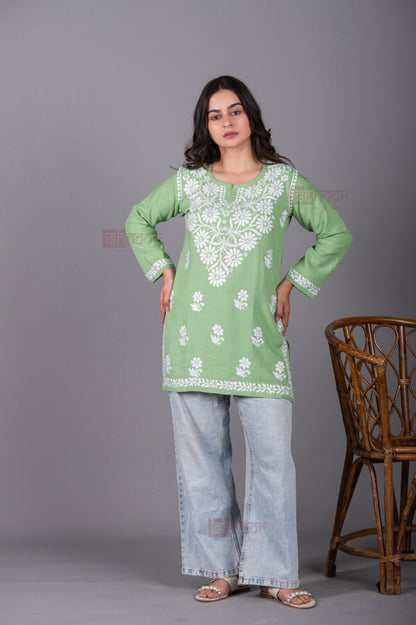 Meher Rayon Short Chikankari Kurti - pistachio-green