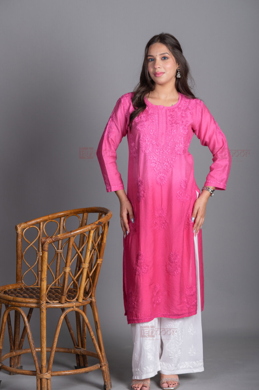 Meher Premium Chanderi Long Chikankari Kurti - blush-pink