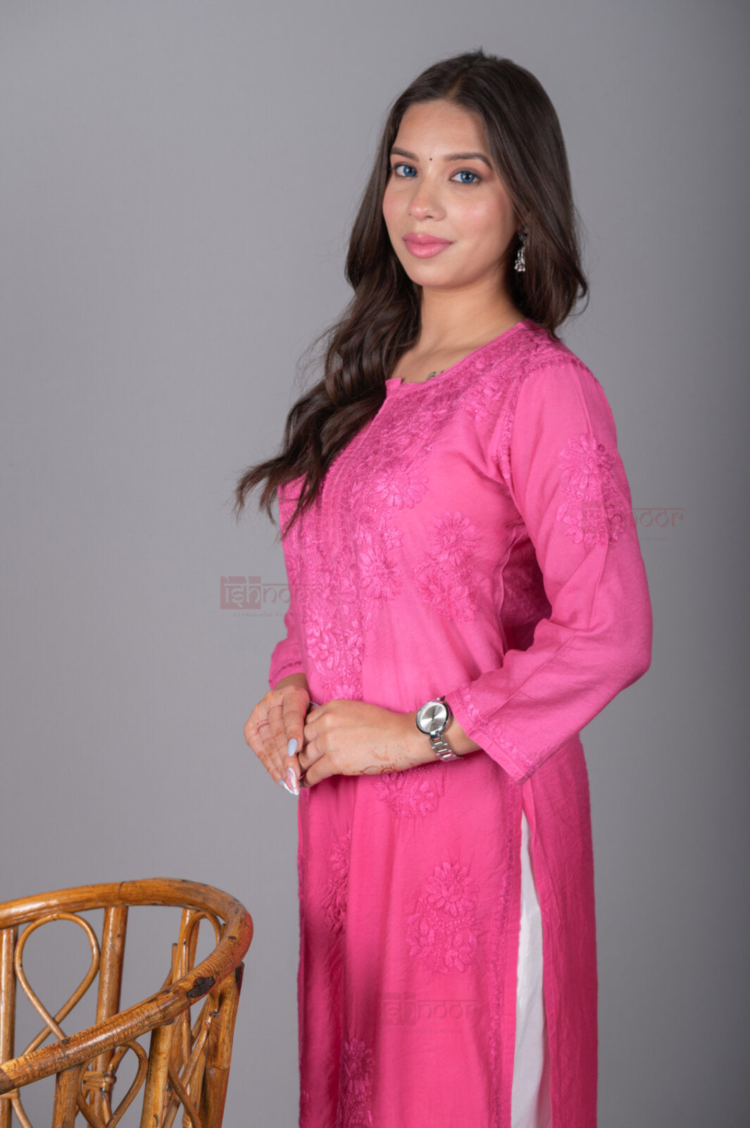 Meher Premium Chanderi Long Chikankari Kurti - blush-pink