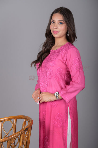 Meher Premium Chanderi Long Chikankari Kurti - blush-pink