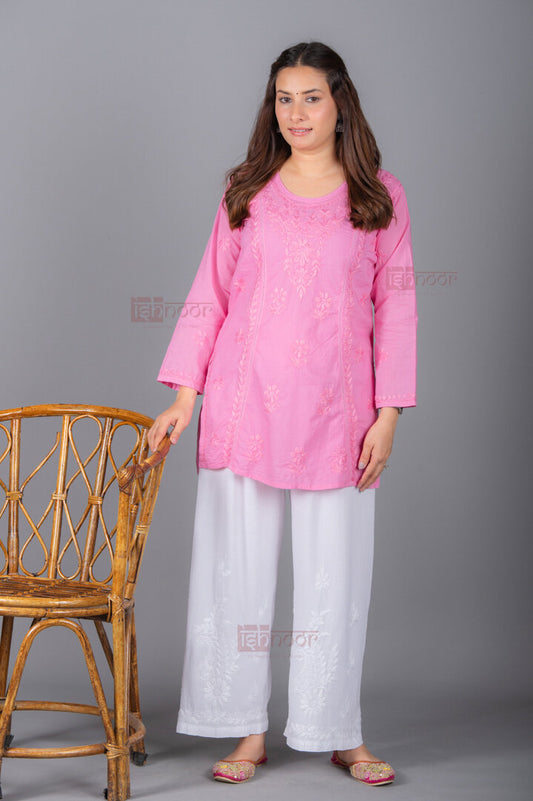 Meher Short Cotton Chikankari Kurti 2 - blush-pink