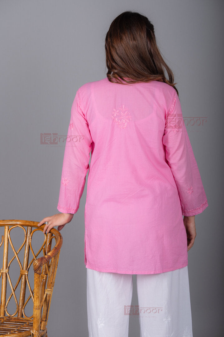 Meher Short Cotton Chikankari Kurti 2 - blush-pink