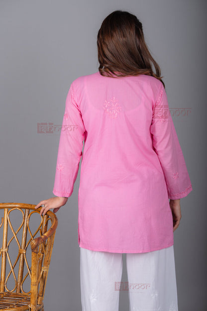 Meher Short Cotton Chikankari Kurti 2 - blush-pink