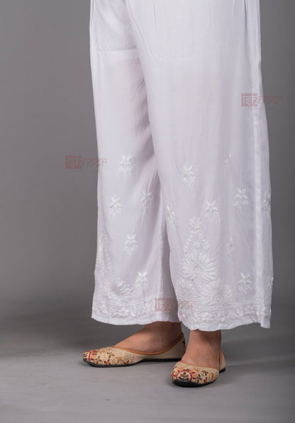 Meher Plus Size Rayon Chikankari Palazzo - white