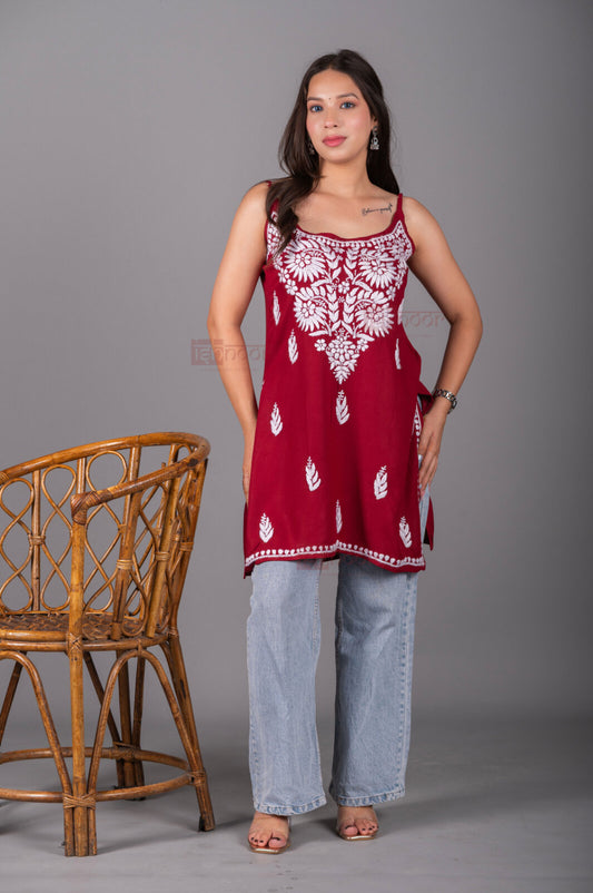 Meher Straight Rayon Chikankari Kurti - deep-red