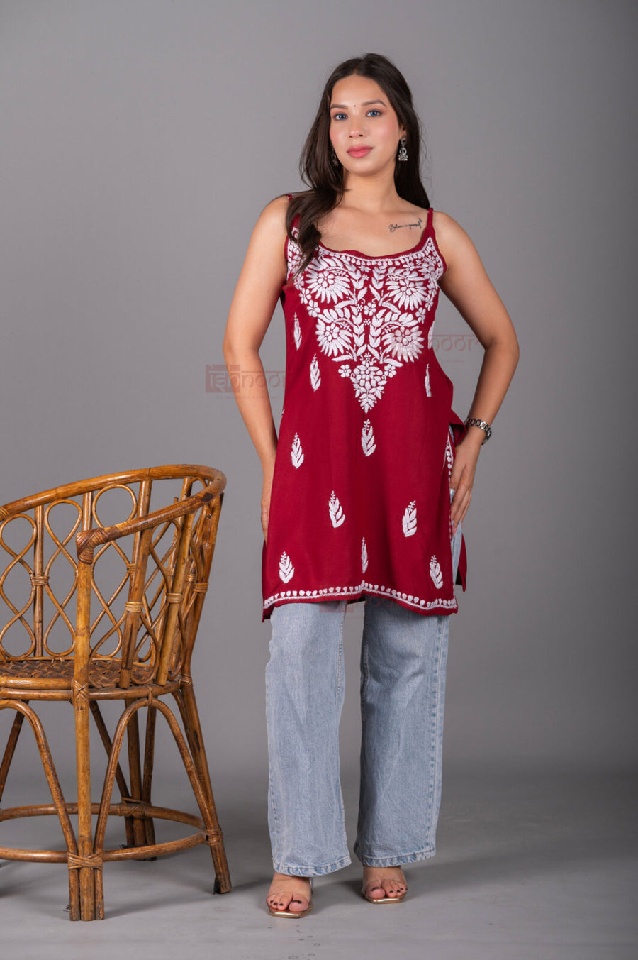 Meher Straight Rayon Chikankari Kurti - deep-red