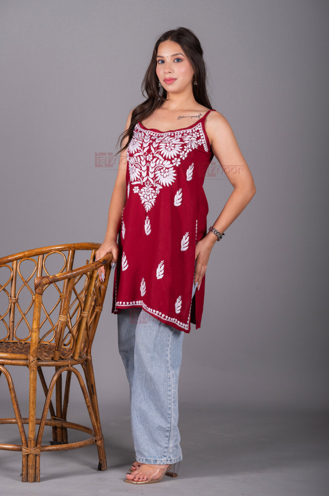 Meher Straight Rayon Chikankari Kurti - deep-red