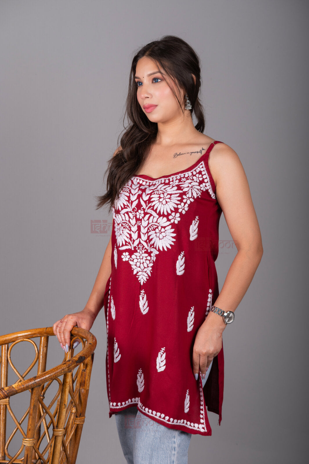 Meher Straight Rayon Chikankari Kurti - deep-red