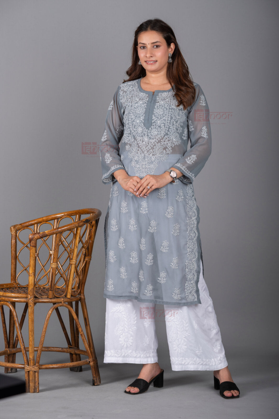 Meher Georgette Long Chikankari Kurti - slate-blue