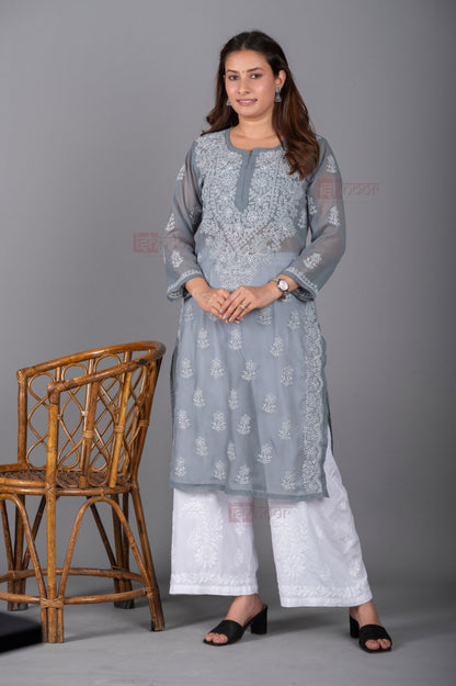Meher Georgette Long Chikankari Kurti - slate-blue