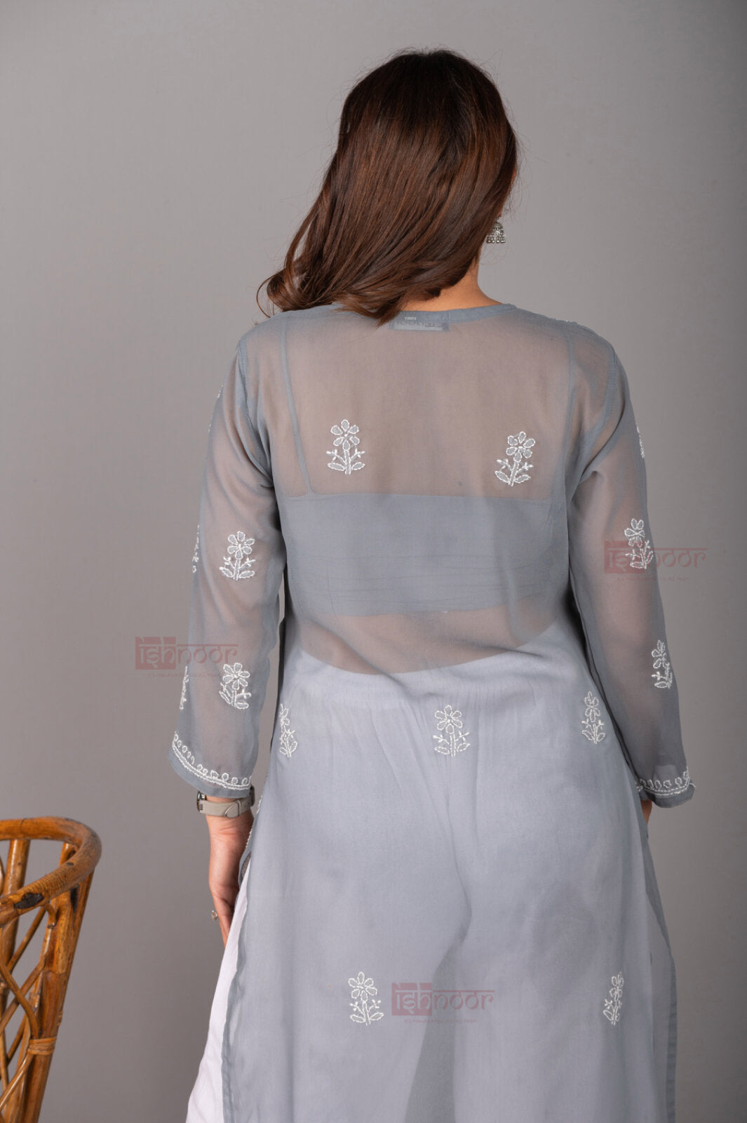 Meher Georgette Long Chikankari Kurti - slate-blue