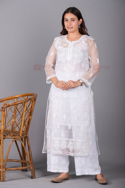 Ishra Organza Long Chikankari Kurti - white
