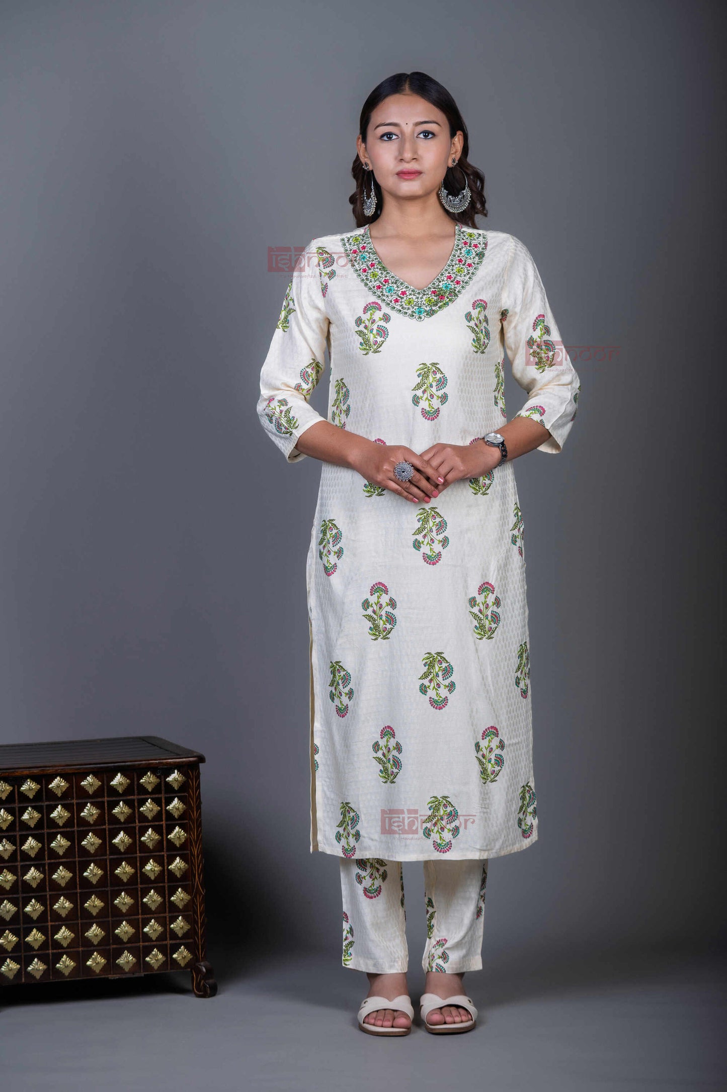 Saanjh Hand Printed Cotton 3 Piece Stitched Suit Set with Dupatta - white