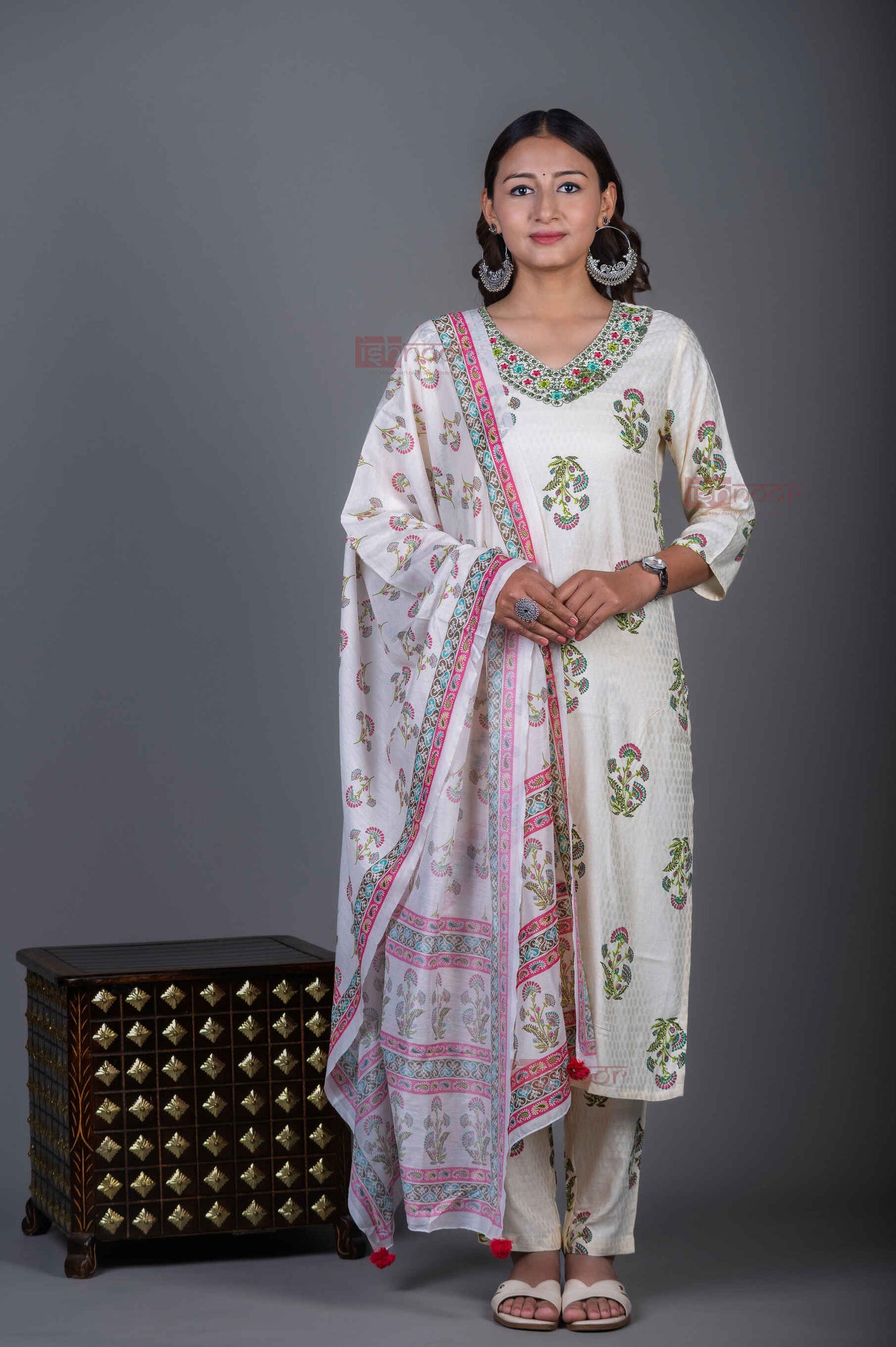 Saanjh Hand Printed Cotton 3 Piece Stitched Suit Set with Dupatta - white