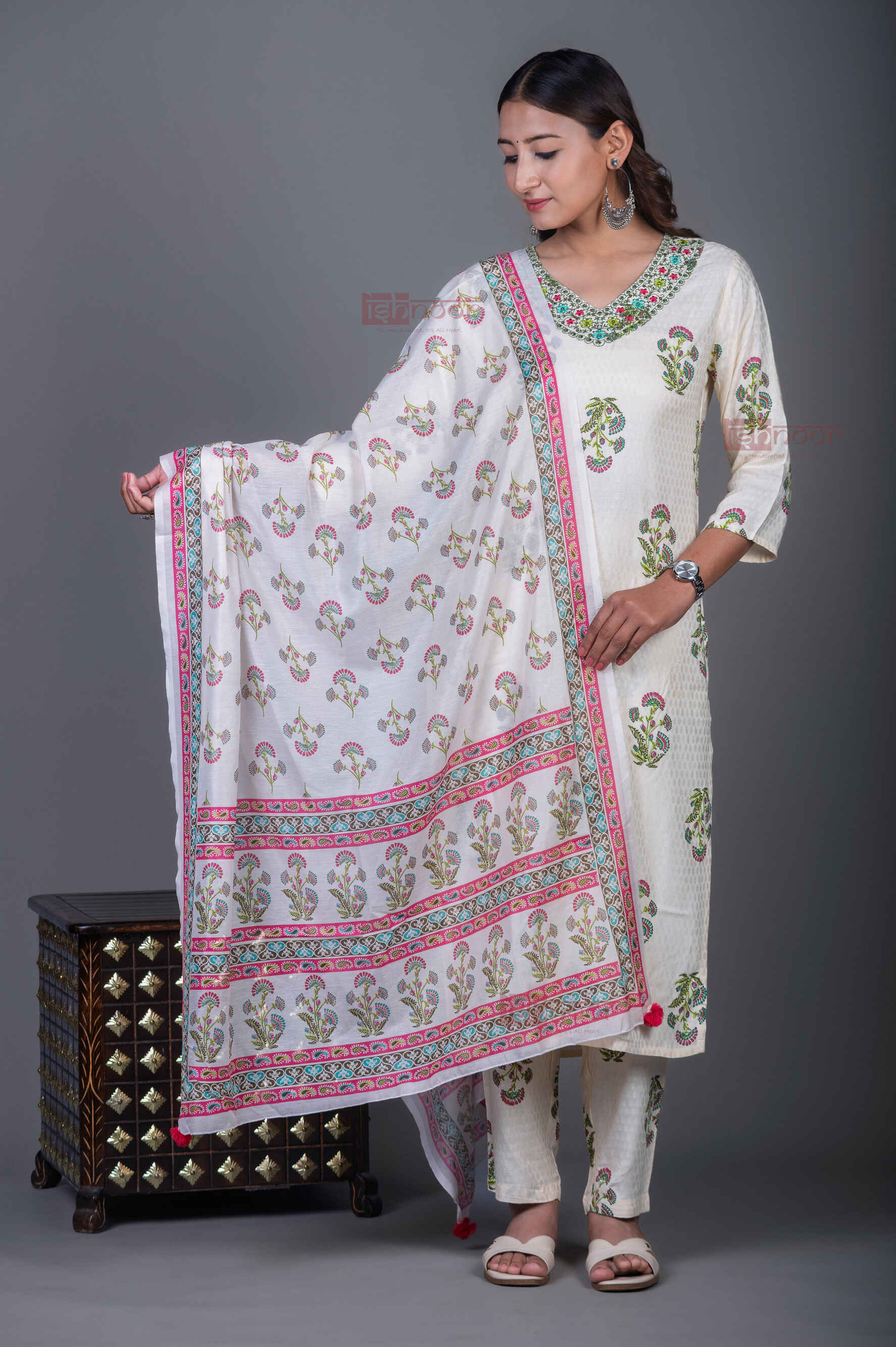 Saanjh Hand Printed Cotton 3 Piece Stitched Suit Set with Dupatta - white