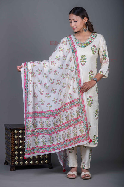 Saanjh Hand Printed Cotton 3 Piece Stitched Suit Set with Dupatta - white