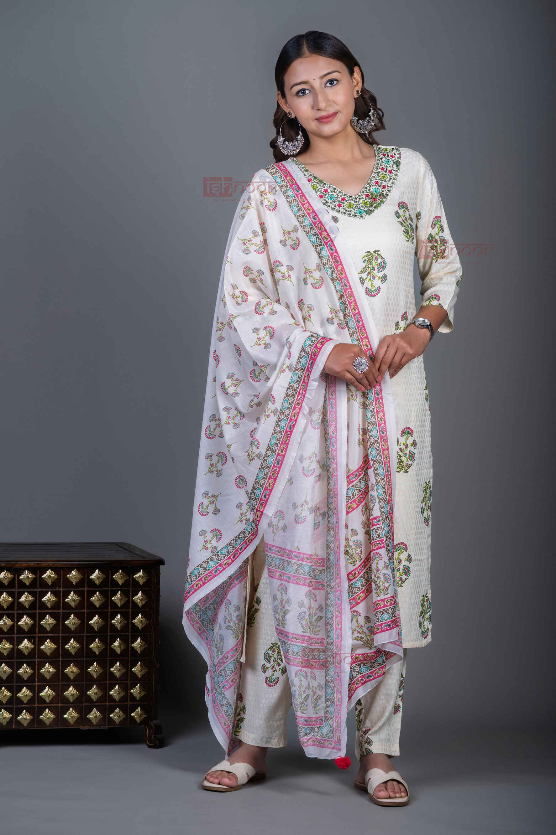 Saanjh Hand Printed Cotton 3 Piece Stitched Suit Set with Dupatta - white