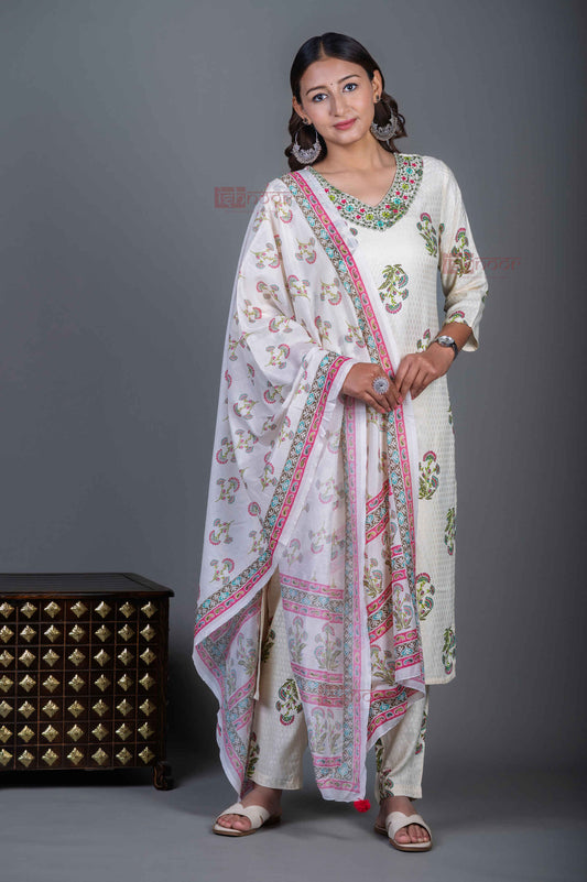 Saanjh Hand Printed Cotton 3 Piece Stitched Suit Set with Dupatta - white