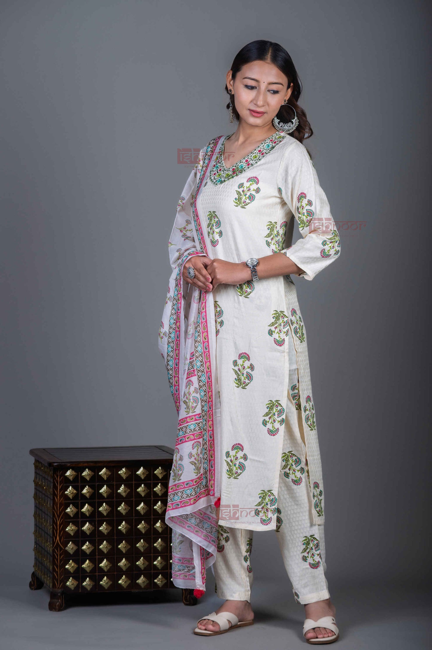 Saanjh Hand Printed Cotton 3 Piece Stitched Suit Set with Dupatta - white
