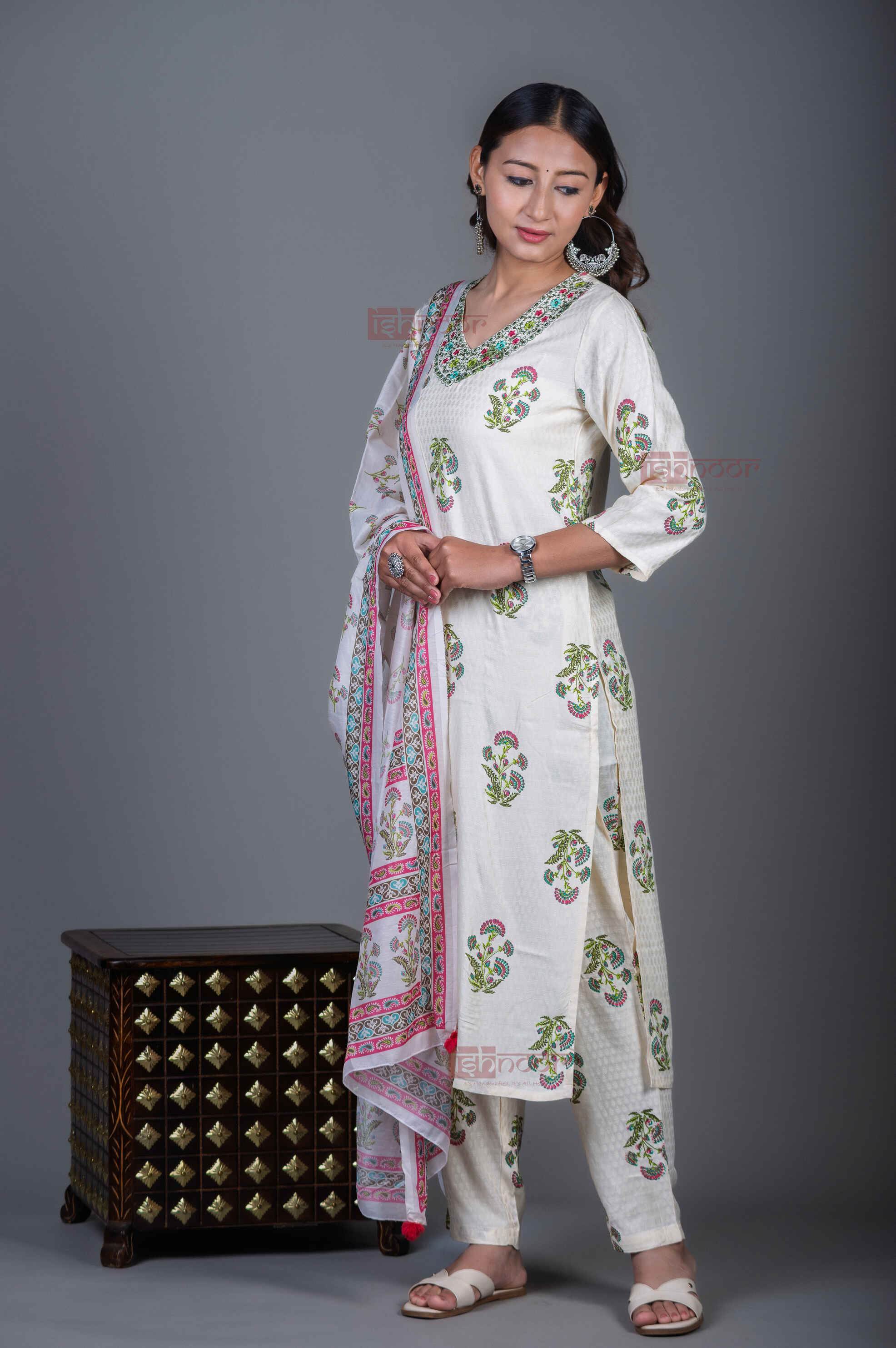 Saanjh Hand Printed Cotton 3 Piece Stitched Suit Set with Dupatta - white