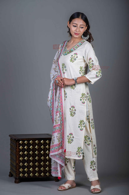 Saanjh Hand Printed Cotton 3 Piece Stitched Suit Set with Dupatta - white
