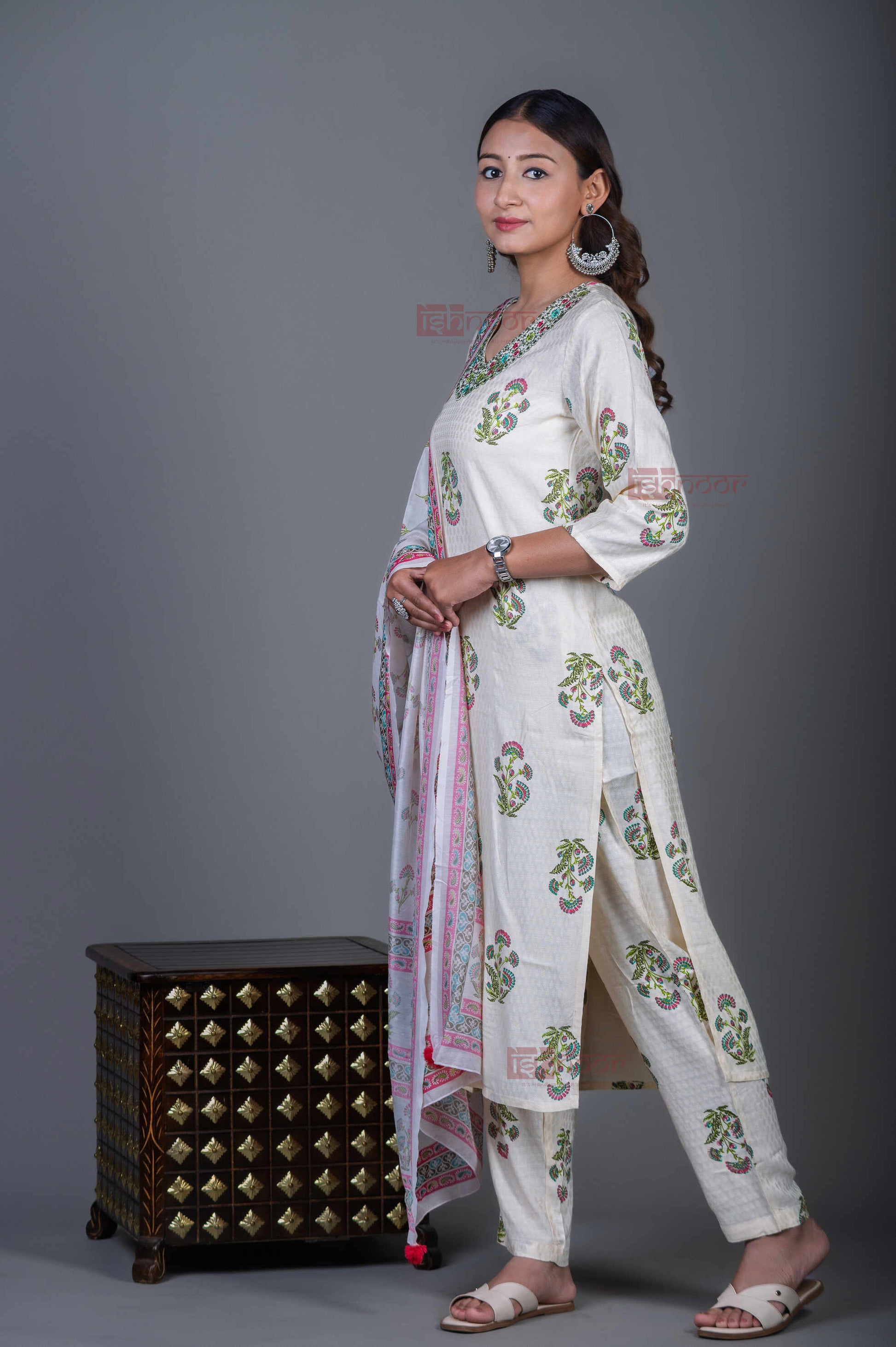 Saanjh Hand Printed Cotton 3 Piece Stitched Suit Set with Dupatta - white