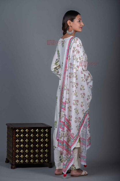 Saanjh Hand Printed Cotton 3 Piece Stitched Suit Set with Dupatta - white