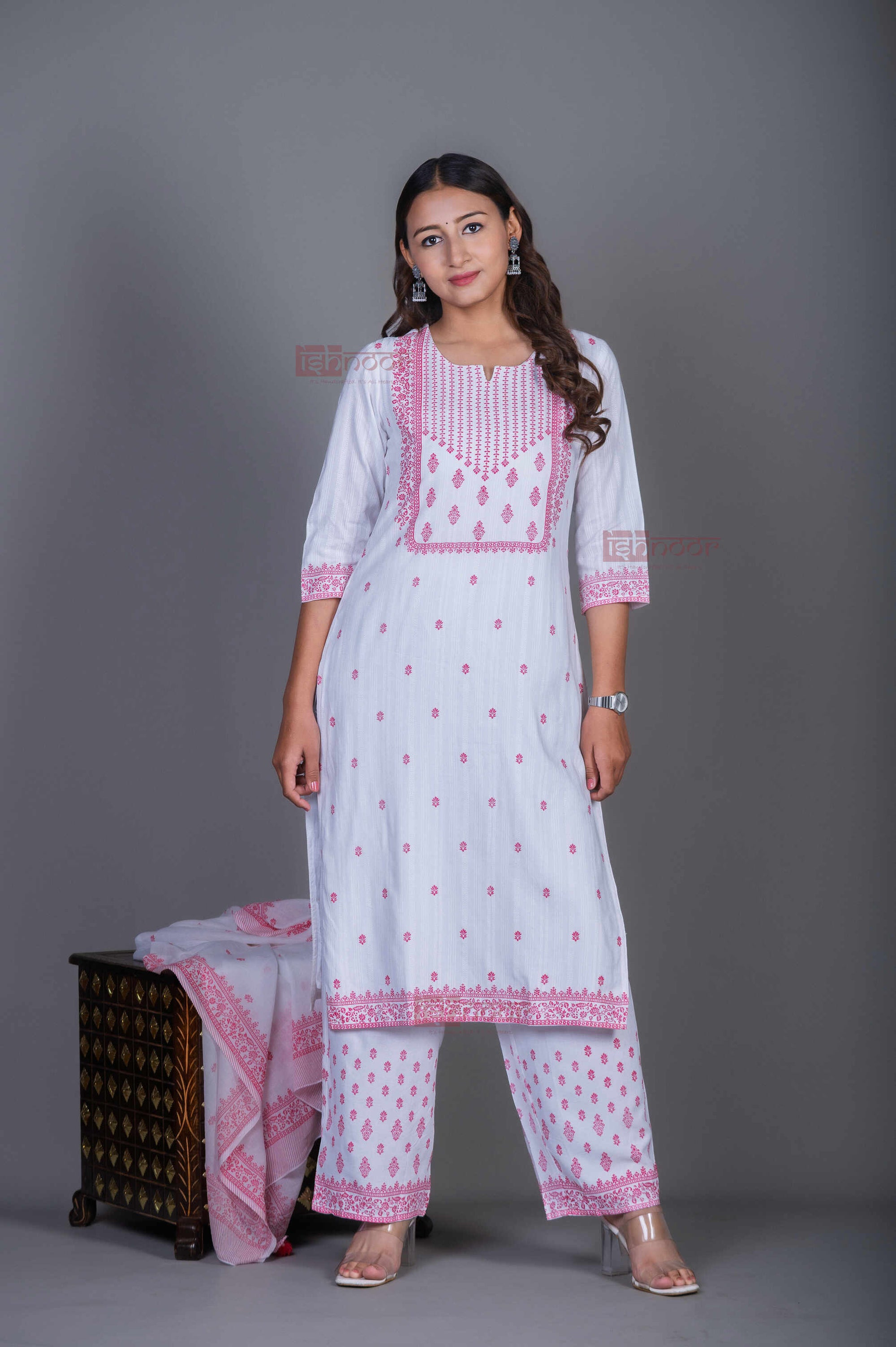 Saanjh Hand Printed Pure Cotton 3 Piece Stitched Suit Set with Dupatta - white
