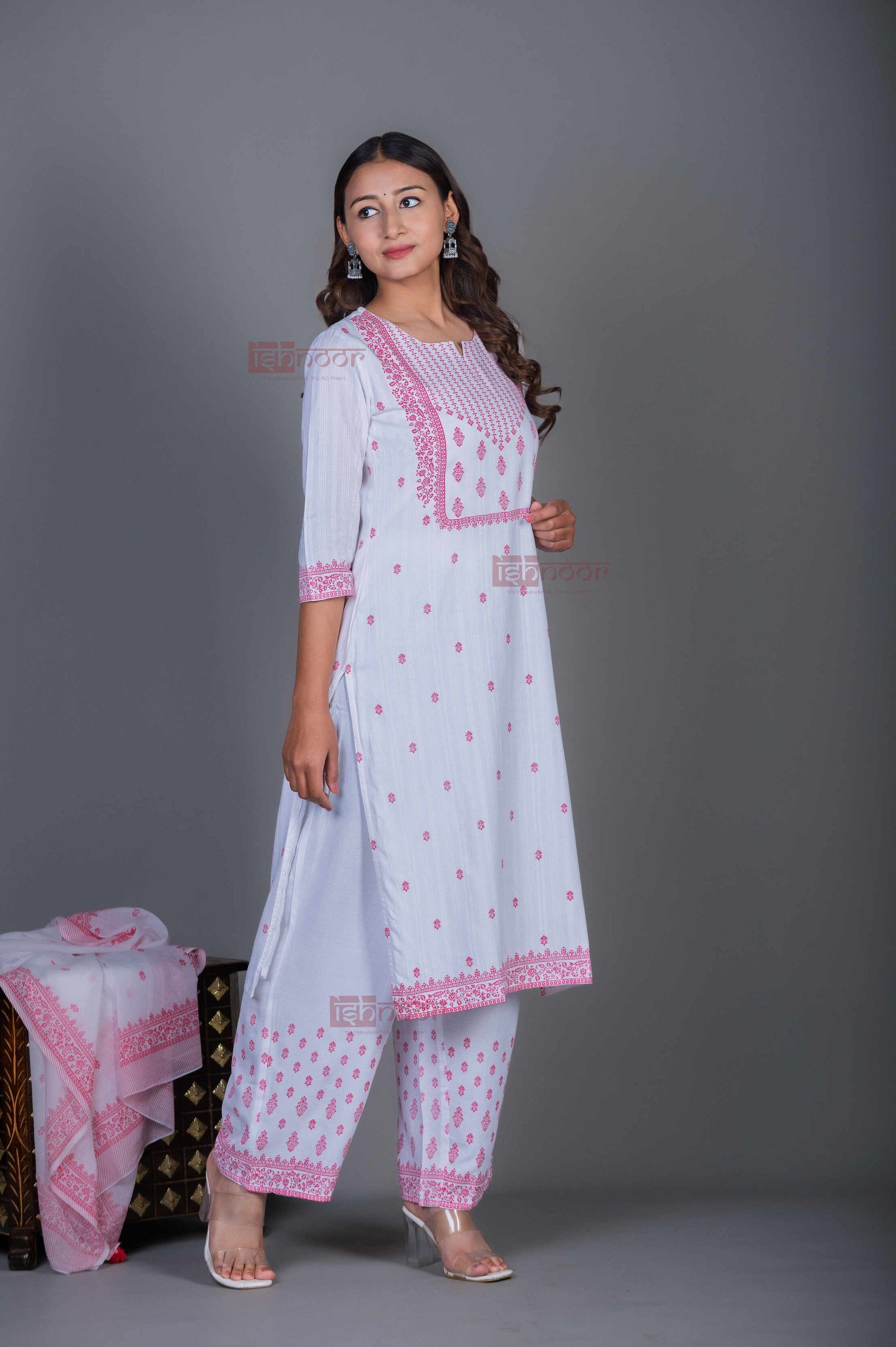 Saanjh Hand Printed Pure Cotton 3 Piece Stitched Suit Set with Dupatta - white