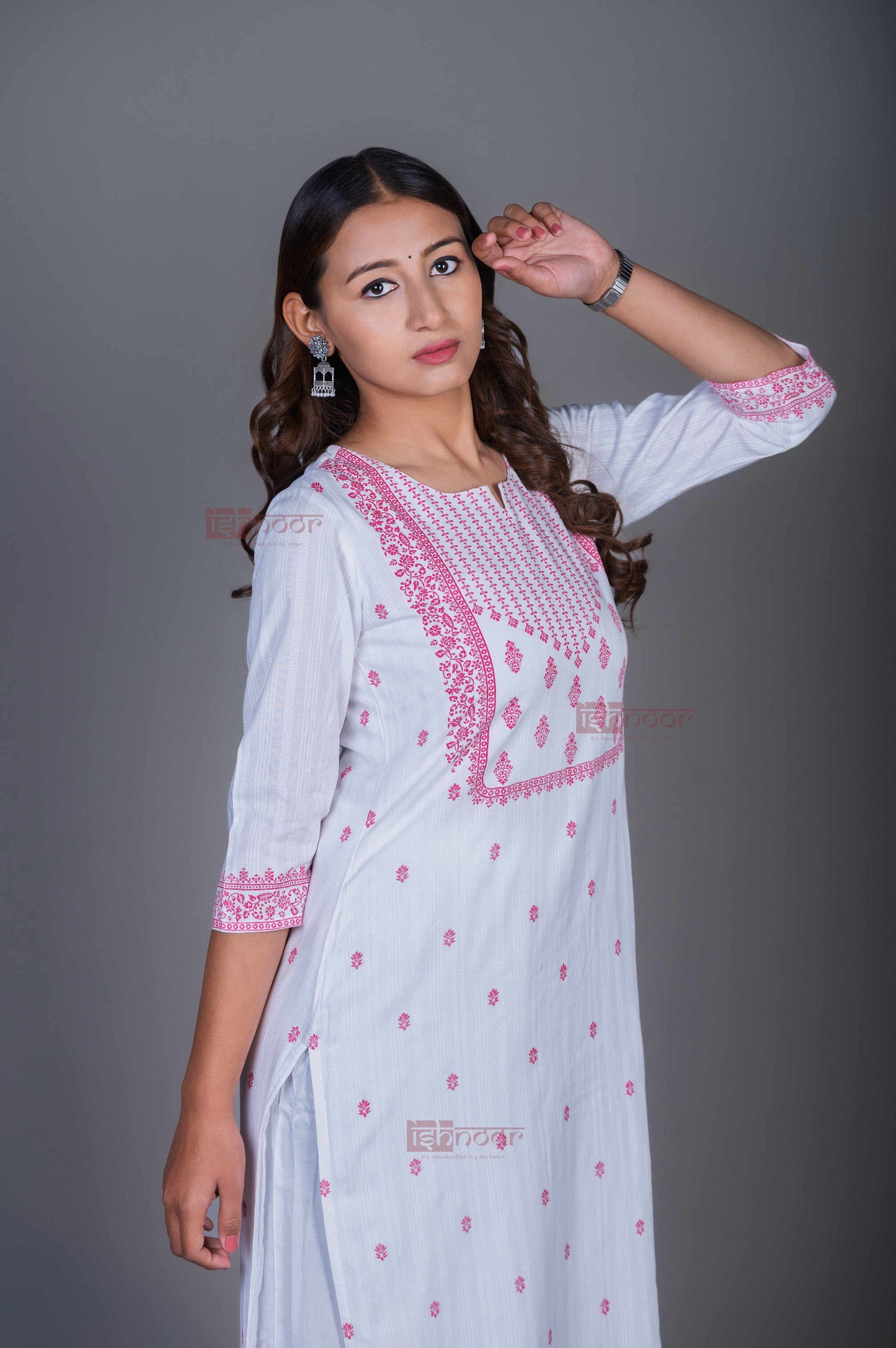 Saanjh Hand Printed Pure Cotton 3 Piece Stitched Suit Set with Dupatta - white