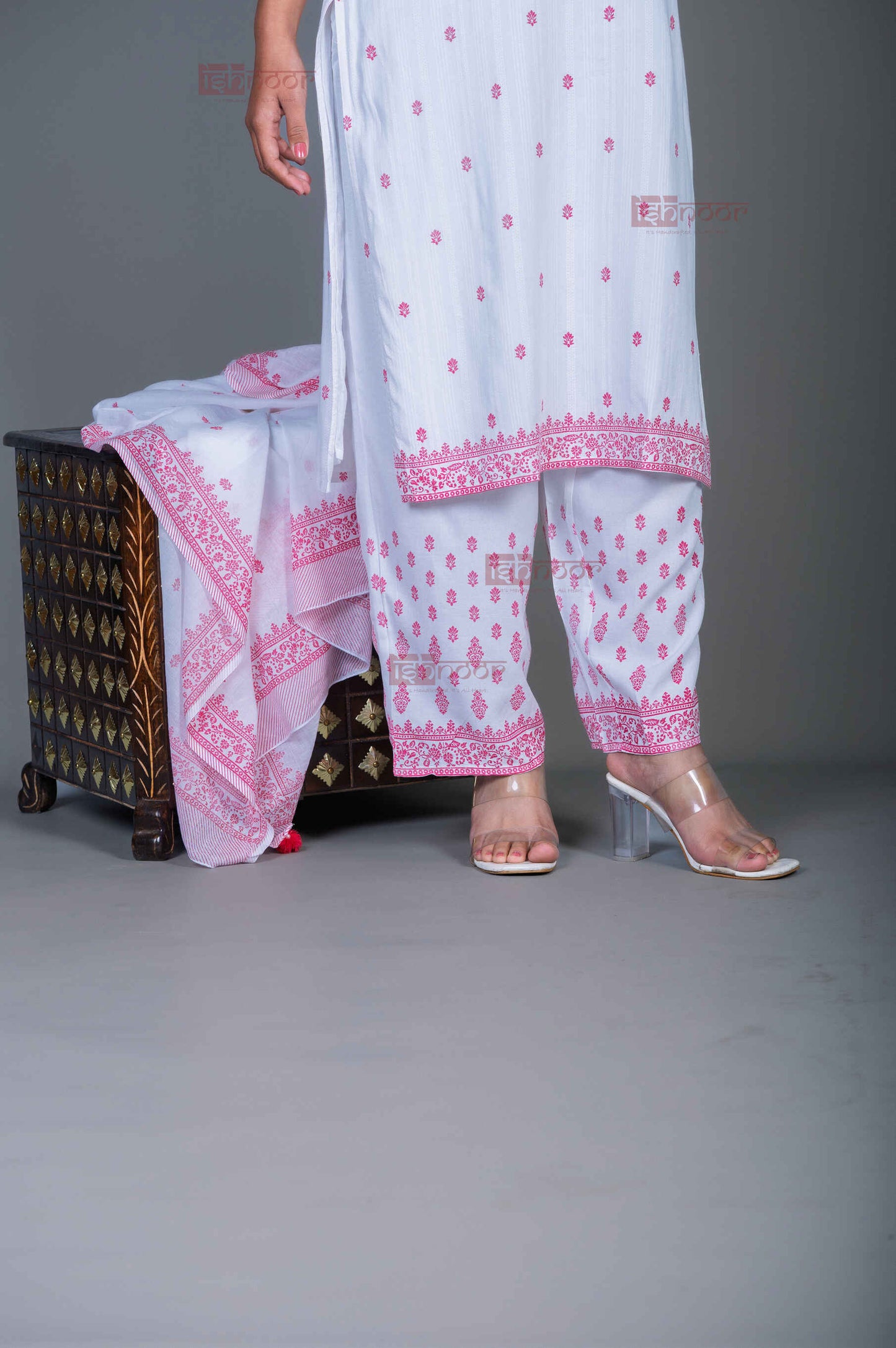 Saanjh Hand Printed Pure Cotton 3 Piece Stitched Suit Set with Dupatta - white