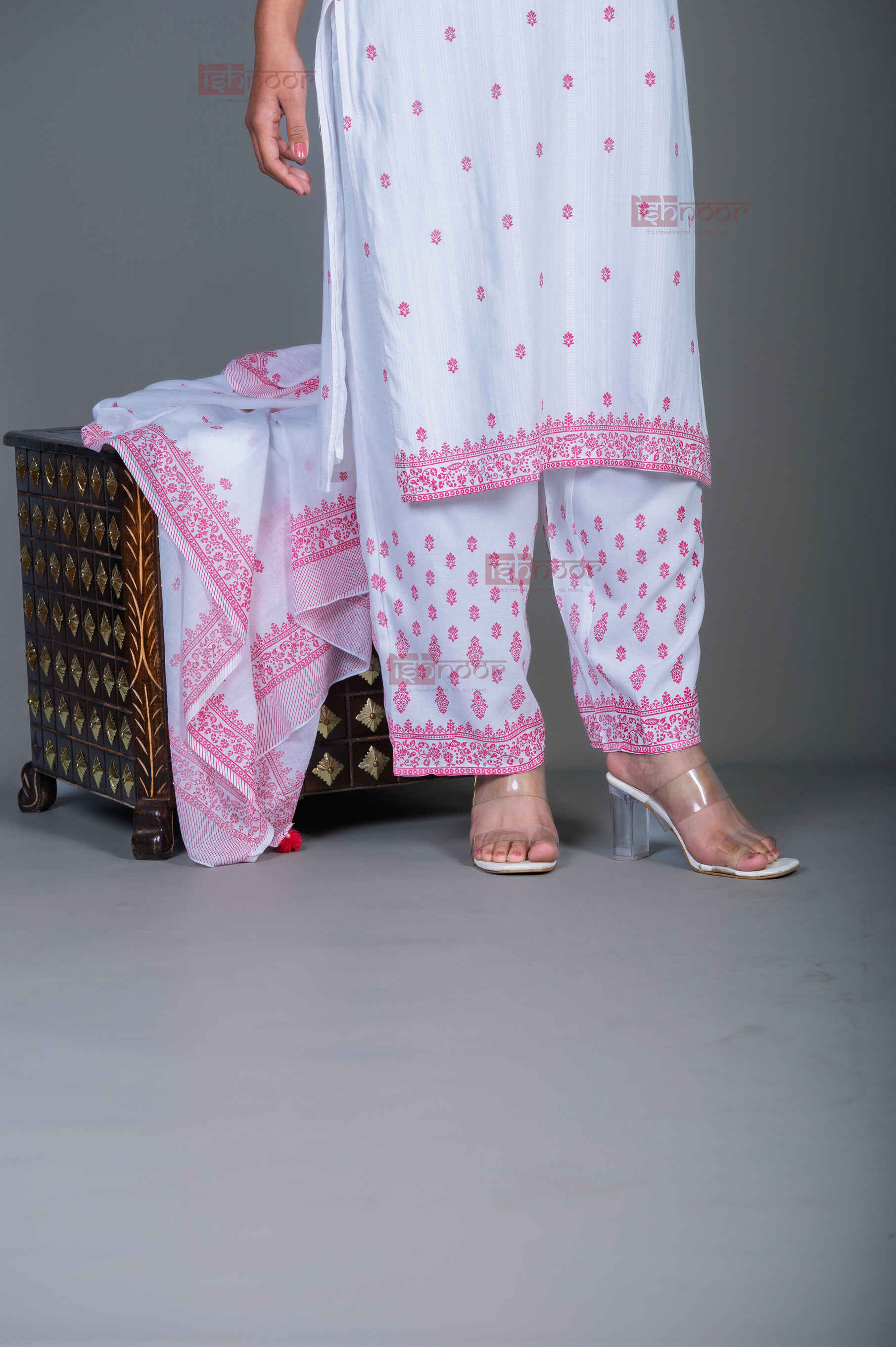 Saanjh Hand Printed Pure Cotton 3 Piece Stitched Suit Set with Dupatta - white