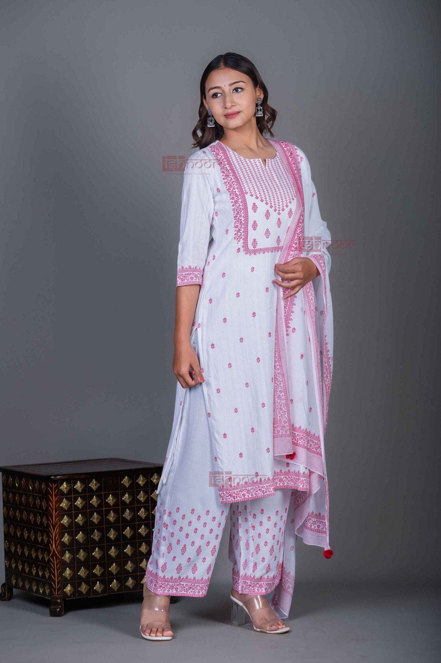 Saanjh Hand Printed Pure Cotton 3 Piece Stitched Suit Set with Dupatta - white