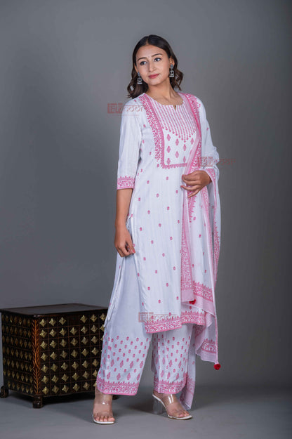 Saanjh Hand Printed Pure Cotton 3 Piece Stitched Suit Set with Dupatta - white