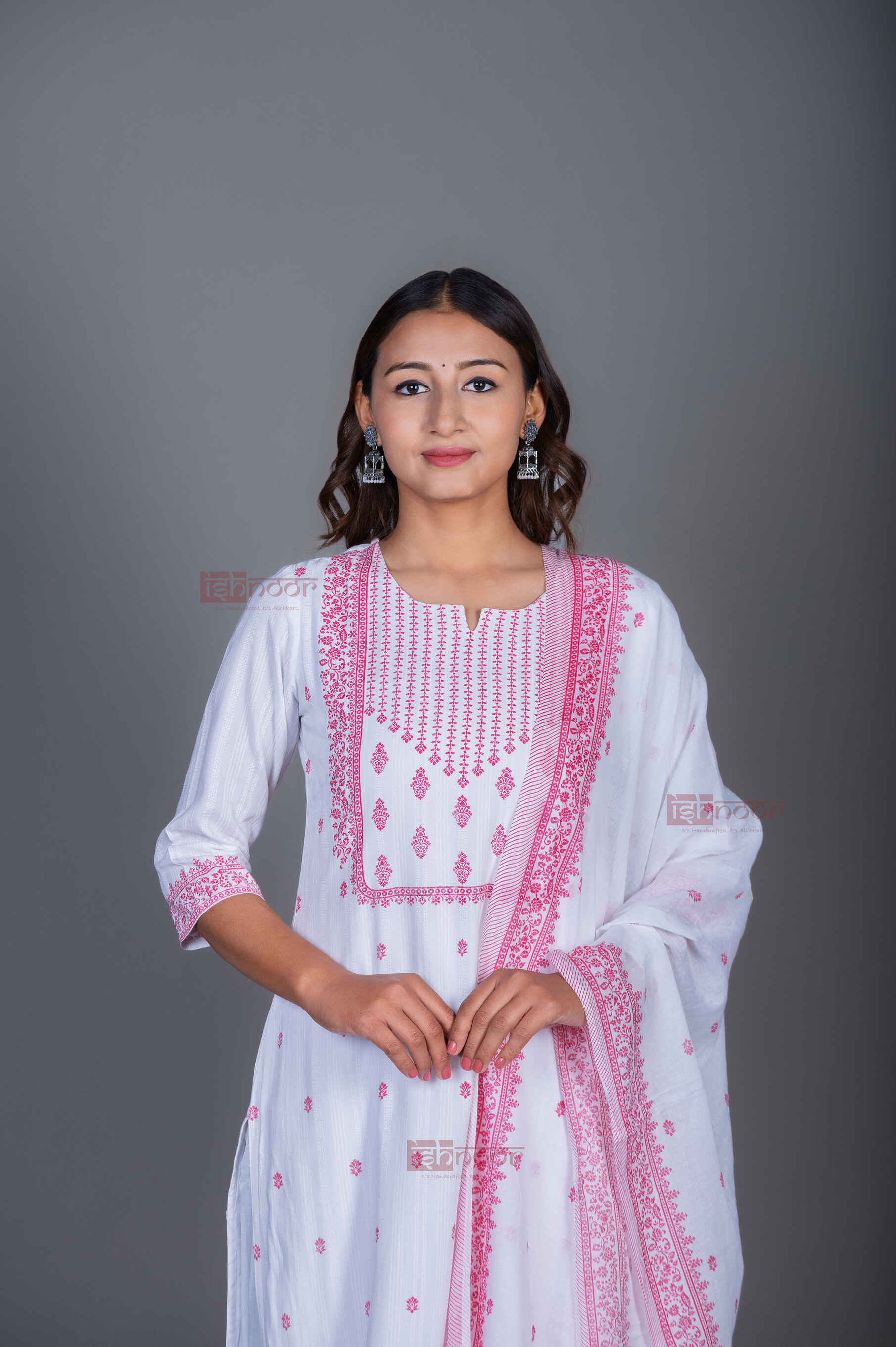 Saanjh Hand Printed Pure Cotton 3 Piece Stitched Suit Set with Dupatta - white