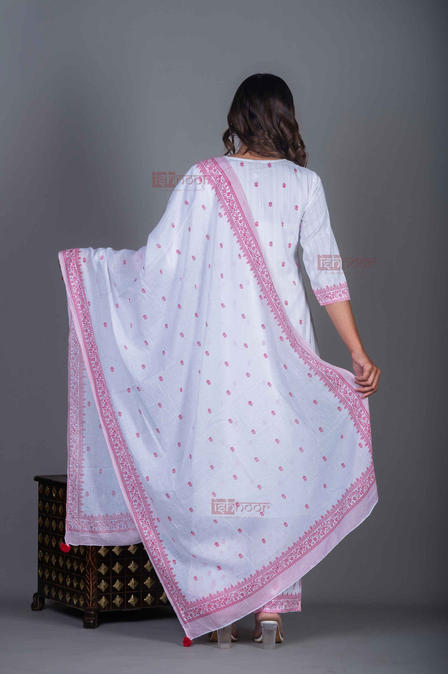 Saanjh Hand Printed Pure Cotton 3 Piece Stitched Suit Set with Dupatta - white