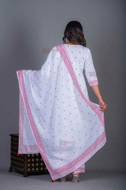 Saanjh Hand Printed Pure Cotton 3 Piece Stitched Suit Set with Dupatta - white