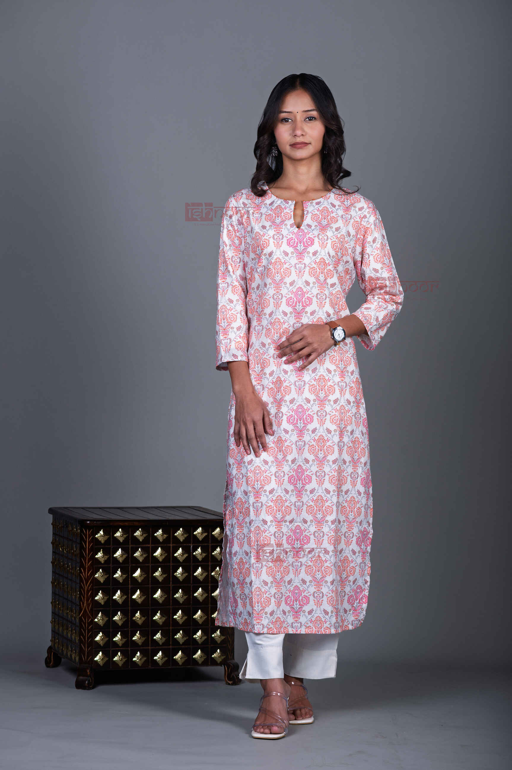 Saanjh Cotton Hand Printed Straight Kurti With Handwork - peach-orange